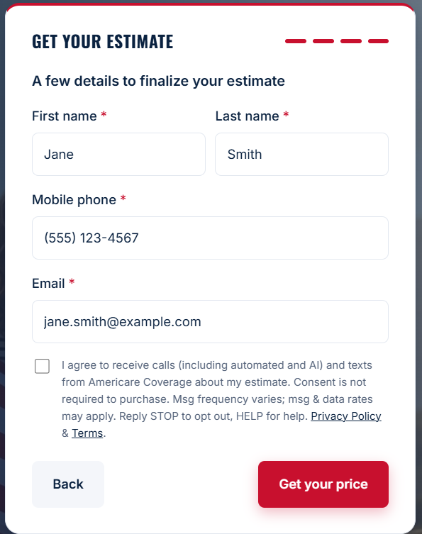 Americare Coverage estimate form with the name, phone and email fields and the unchecked SMS consent box